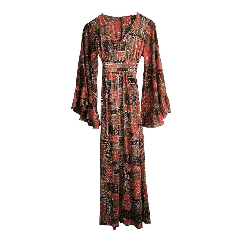 Vintage 70s Patchwork Angel Bell Sleeves Maxi XS/S Dress Coachella Hippy Boho